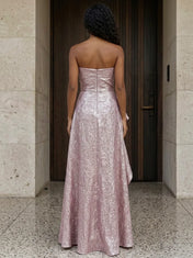 Dusty Rose Strapless Metallic Brocade Ruffled Evening Dress