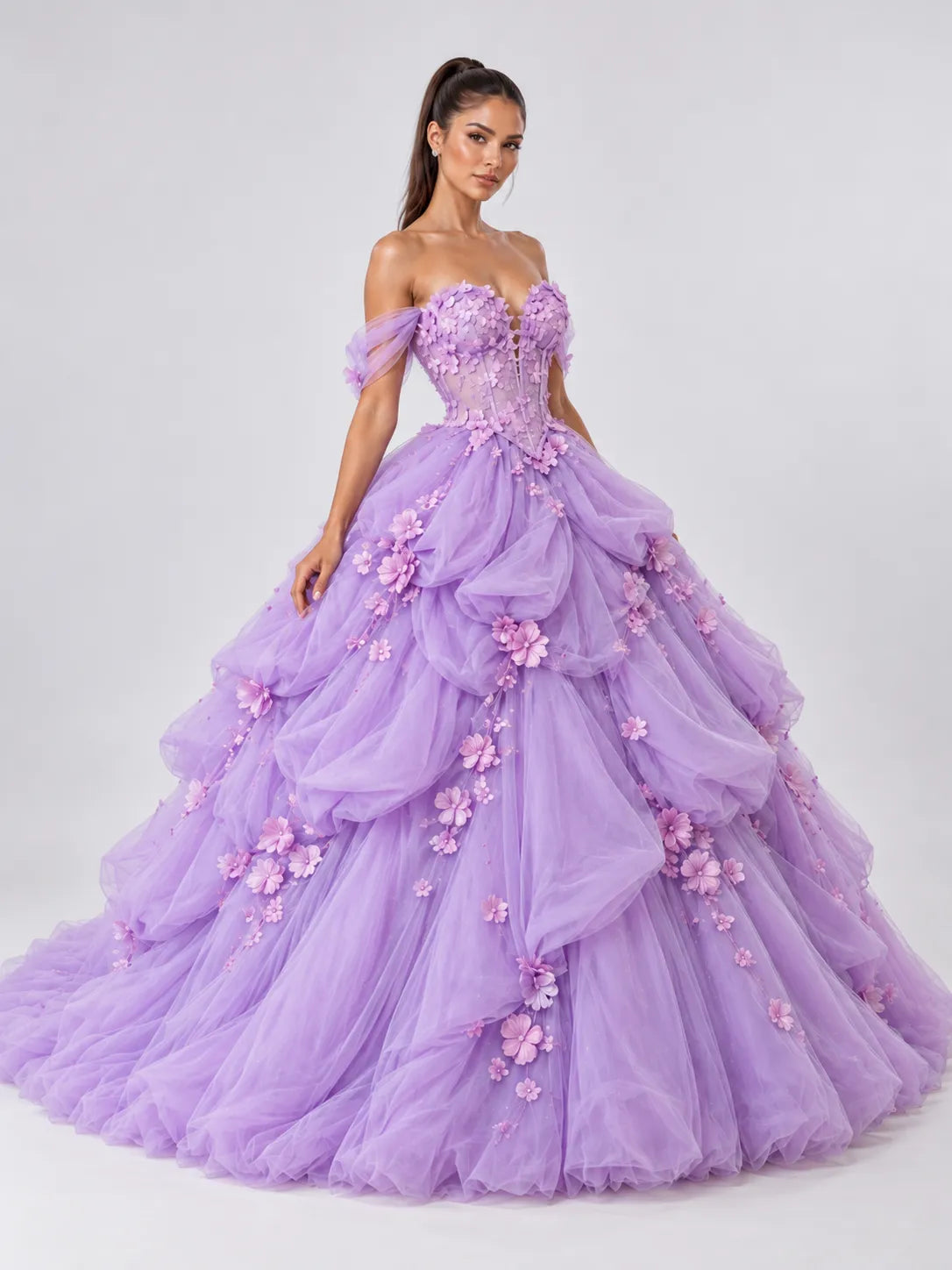 Off-the-Shoulder 3D Floral Applique Voluminous Ball Gown Evening Dress with Corset Back and Sweep Train