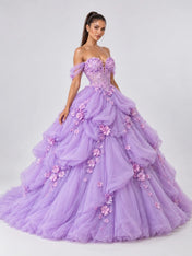 Off-the-Shoulder 3D Floral Applique Voluminous Ball Gown Evening Dress with Corset Back and Sweep Train