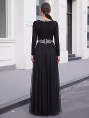 Beaded V-Neck Long-Sleeve Tulle A-Line Evening Dress with Crystal Waist Belt