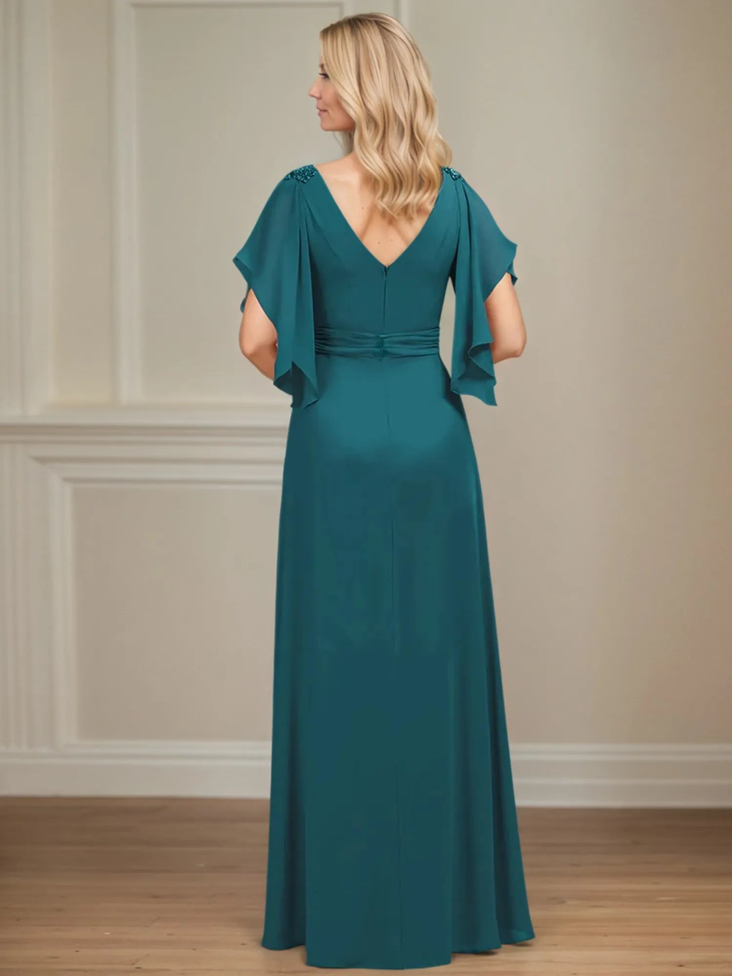A Line V Neck Appliqued Floor Length Mother of the Bride Dress with Ruffles