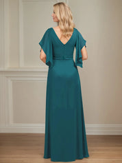 A Line V Neck Appliqued Floor Length Mother of the Bride Dress with Ruffles