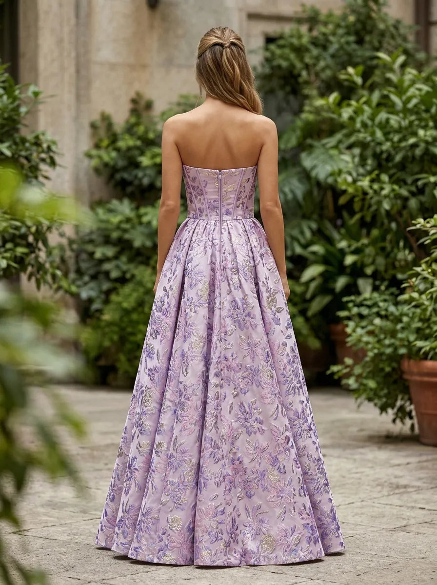 Strapless Brocade A-Line Prom Dress with High Front Slit
