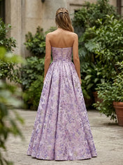Strapless Brocade A-Line Prom Dress with High Front Slit