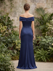 Navy Blue Off-the-Shoulder Beaded Starburst Slit Evening Dress