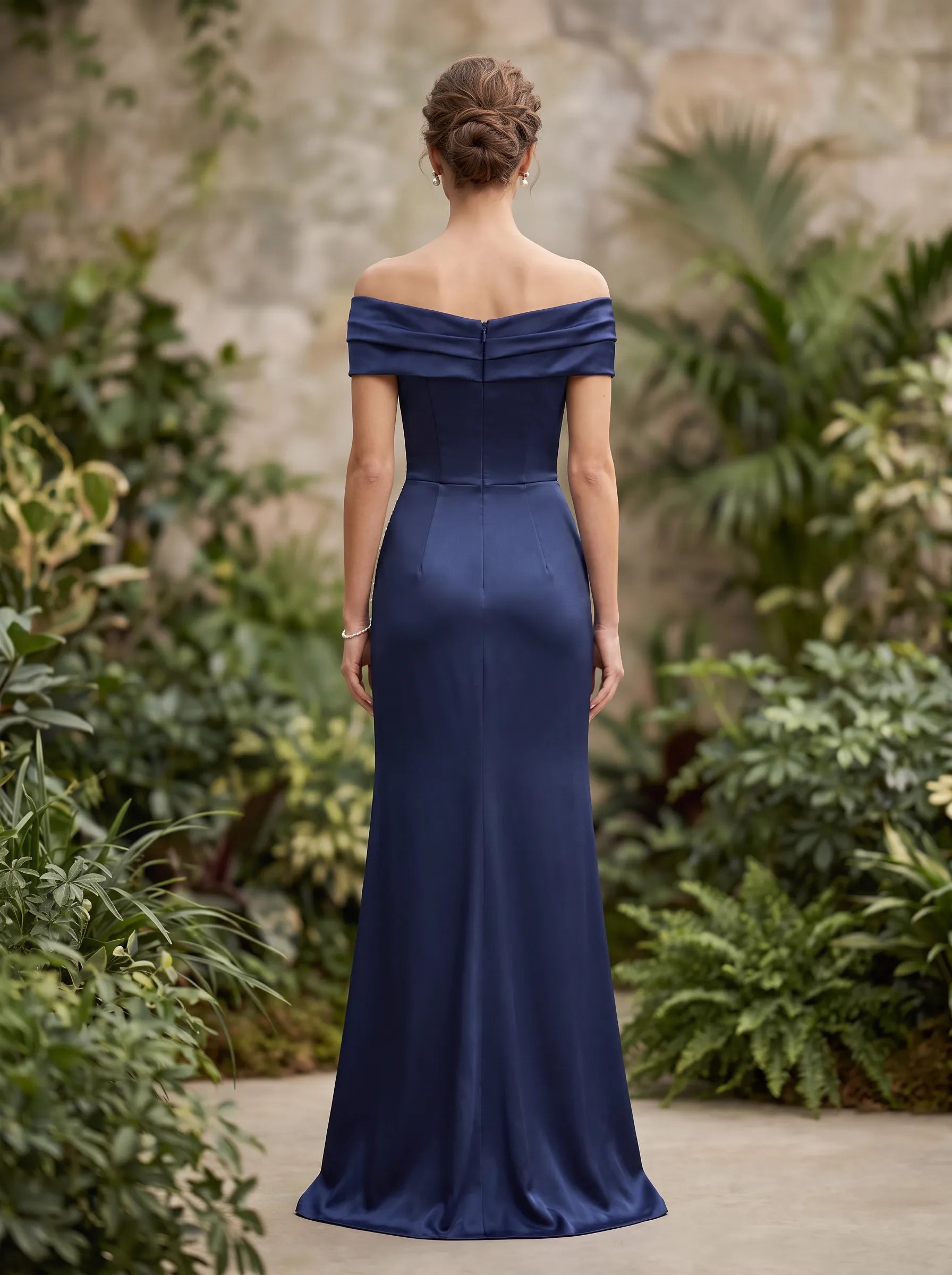 Navy Blue Off-the-Shoulder Beaded Starburst Slit Evening Dress