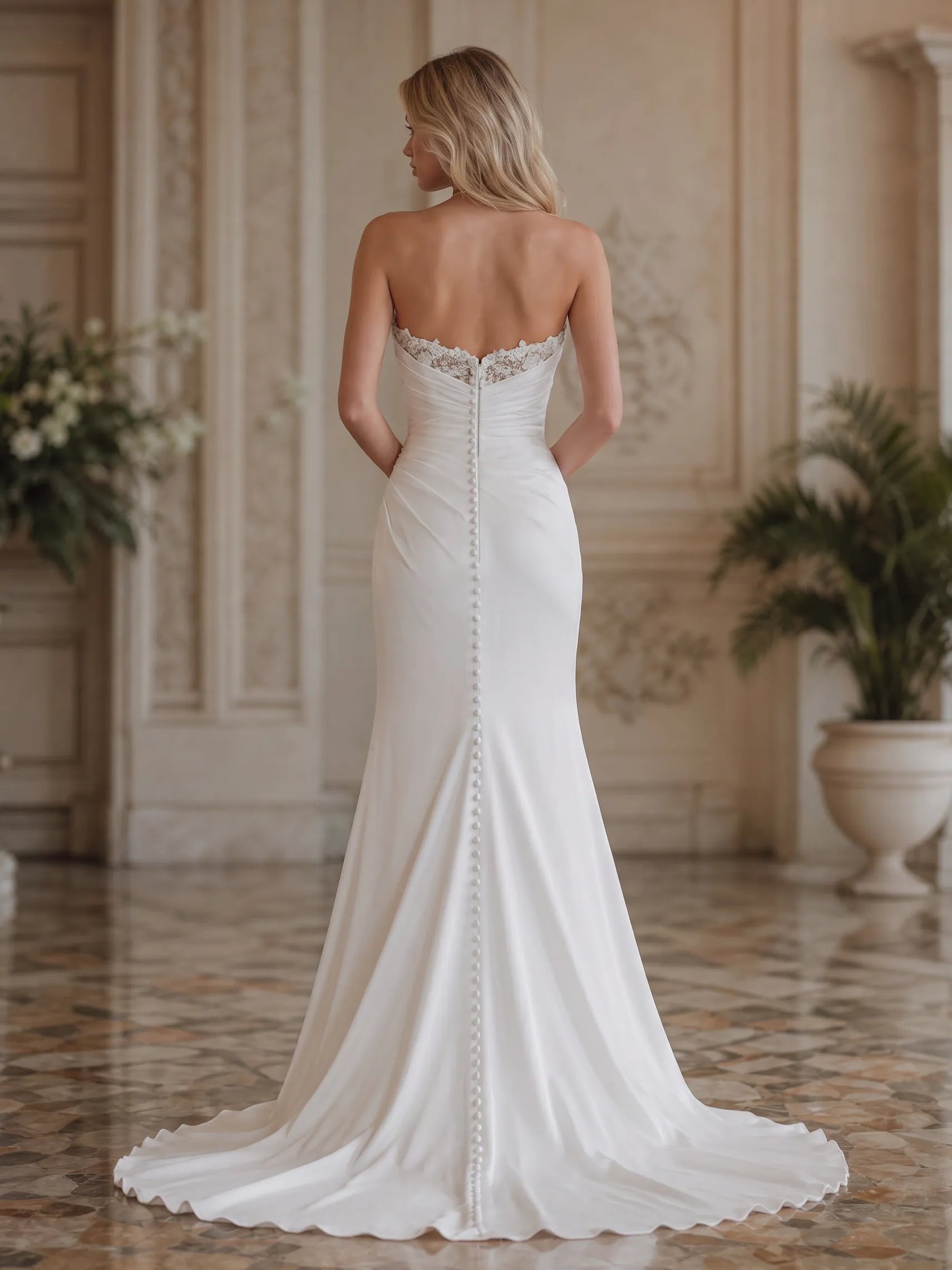White Strapless Beaded Sweetheart Ruched Column Wedding Dress