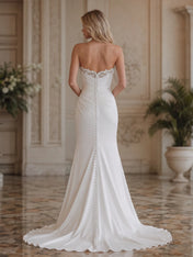 White Strapless Beaded Sweetheart Ruched Column Wedding Dress
