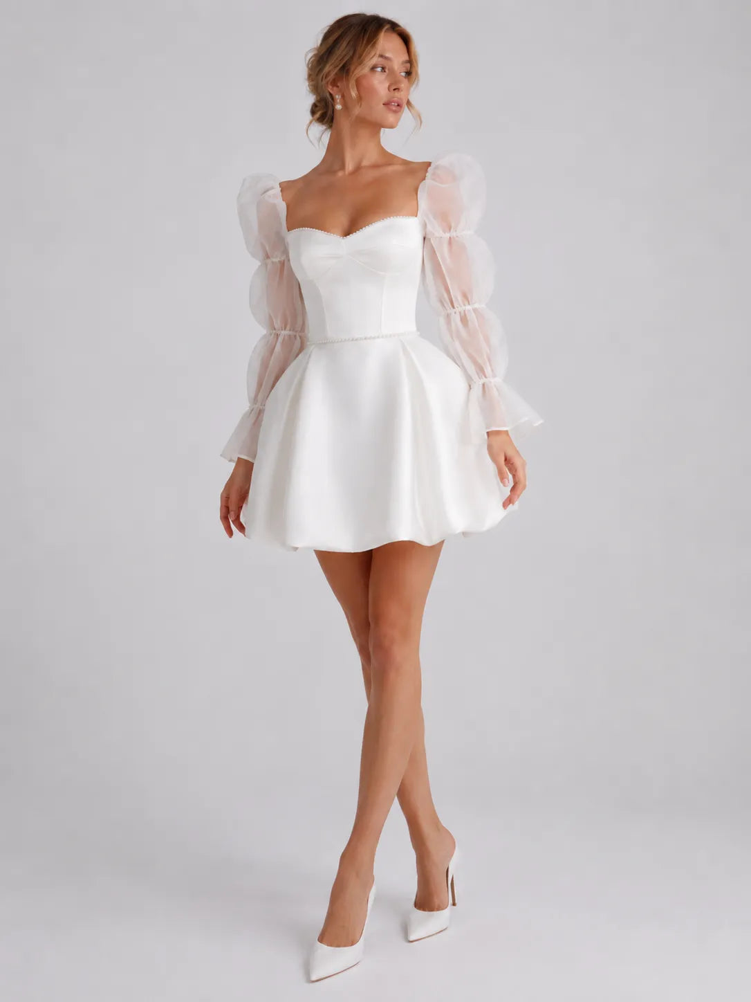 Romantic Sweetheart Short Wedding Dress with Puff Organza Long Sleeves and Back Bow
