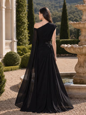 One-Shoulder Beaded Draped Chiffon Evening Dress