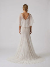 Flutter-Sleeve Asymmetrical Strappy Beaded Mermaid Bridal Wedding Dress