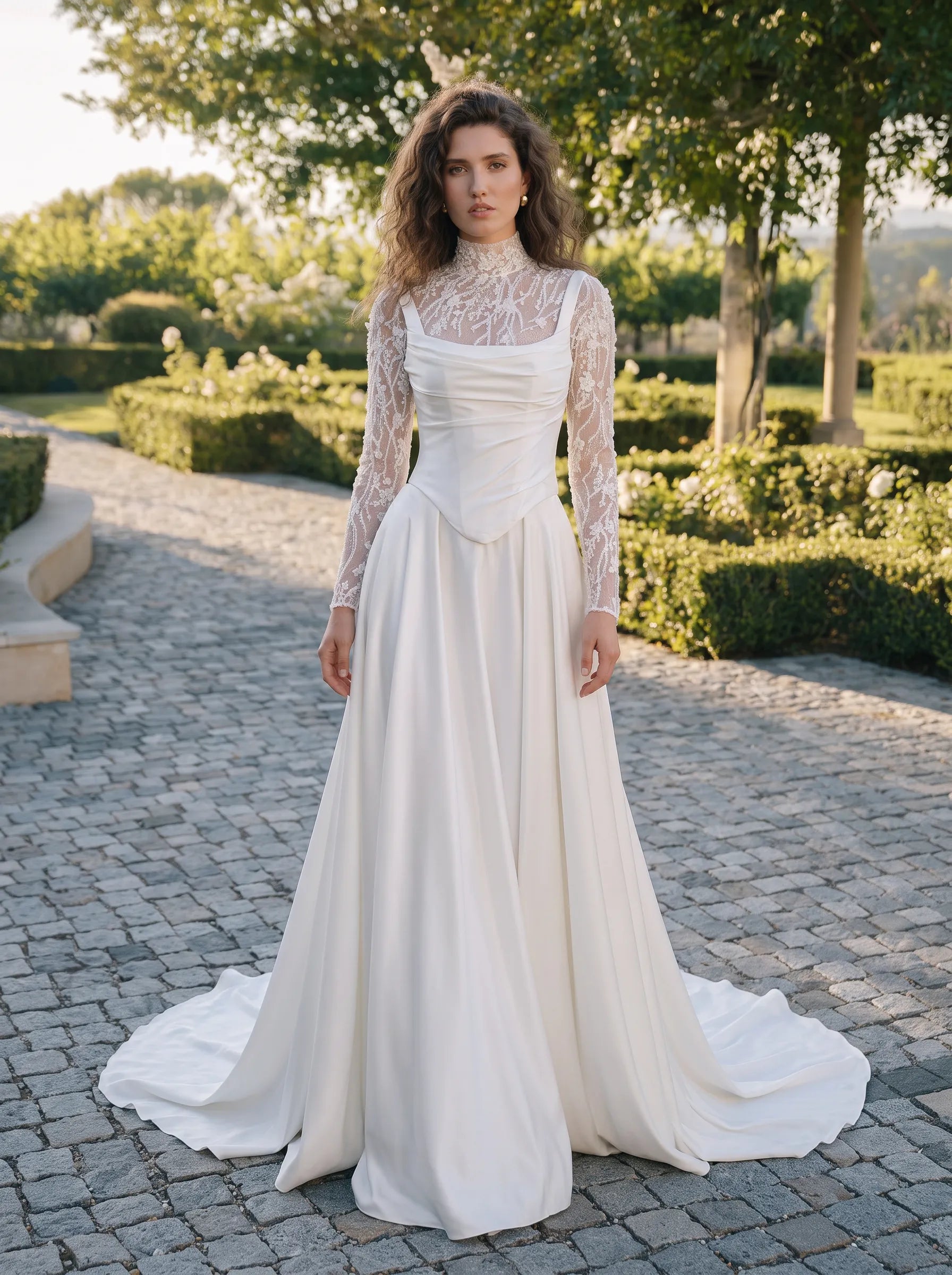 High-Neck Lace and Satin Ball Gown Wedding Dress with Basque Waist and Corset Back