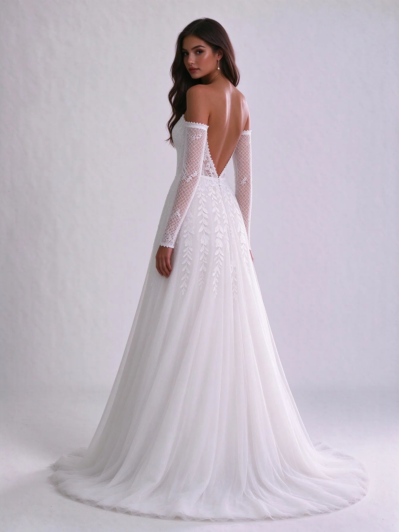 Off-the-Shoulder Sweetheart Lace Corset Tulle A-Line Wedding Dress with High Slit and Detachable Sleeves