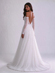 Off-the-Shoulder Sweetheart Lace Corset Tulle A-Line Wedding Dress with High Slit and Detachable Sleeves