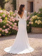 V-Neck Long-Sleeve Lace and Satin Wedding Dress