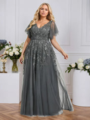 A-line V-Neck Floor-Length Tulle Lace Evening Dress With Sequins