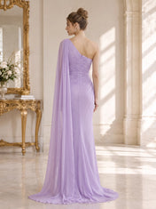 One-Shoulder Draped Chiffon Gown with Cascading Cape Sleeves