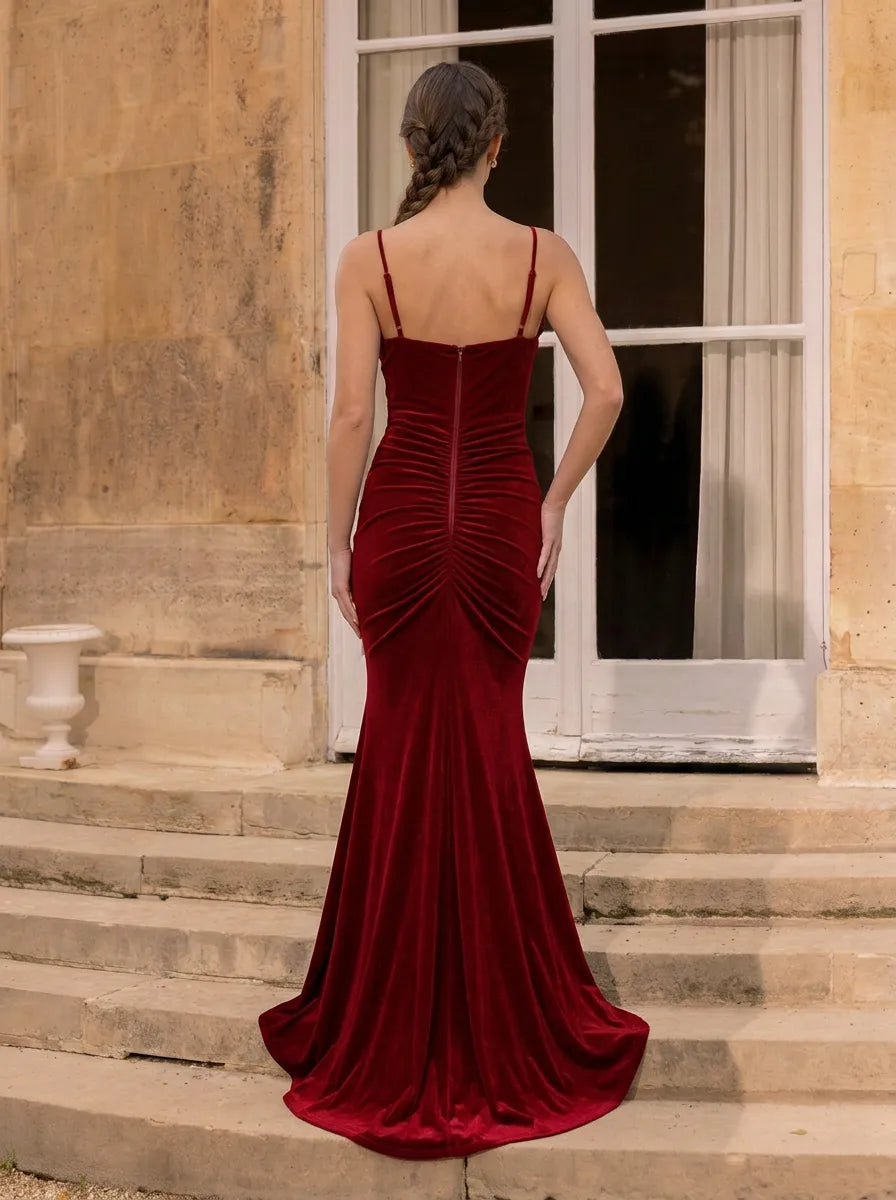 V-Neck Spaghetti Strap Ruched Velvet Burgundy Mermaid Evening Dress