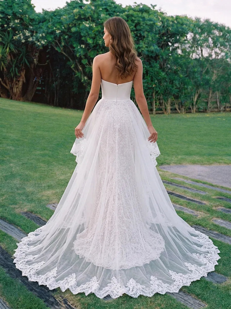 Strapless Sweetheart Lace Detachable Overskirt Ivory Wedding Dress