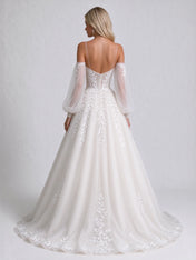 Off-the-Shoulder Bishop Sleeve Embroidered Lace A-Line Wedding Dress with Sweep Train