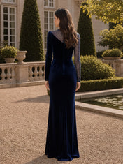Asymmetric Sequin Illusion Velvet Evening Dress