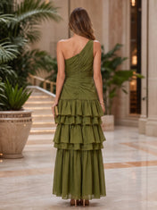 Olive Green One-Shoulder Tiered Ruffle Chiffon Evening Dress
