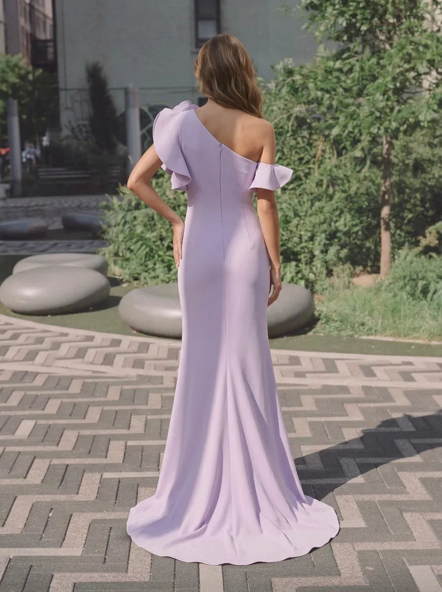 One-Shoulder Ruffled Rosette Lavender Column Evening Dress