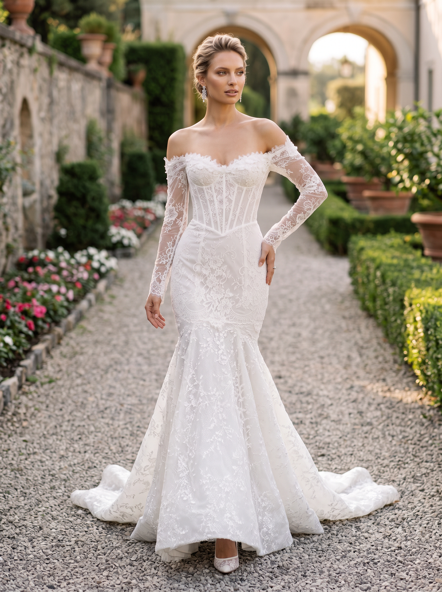 Off-the-Shoulder Long Lace Sleeve Corset Mermaid Wedding Dress