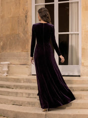 Long-Sleeve V-Neck Crystal Buckle Plum Velvet Column Evening Dress