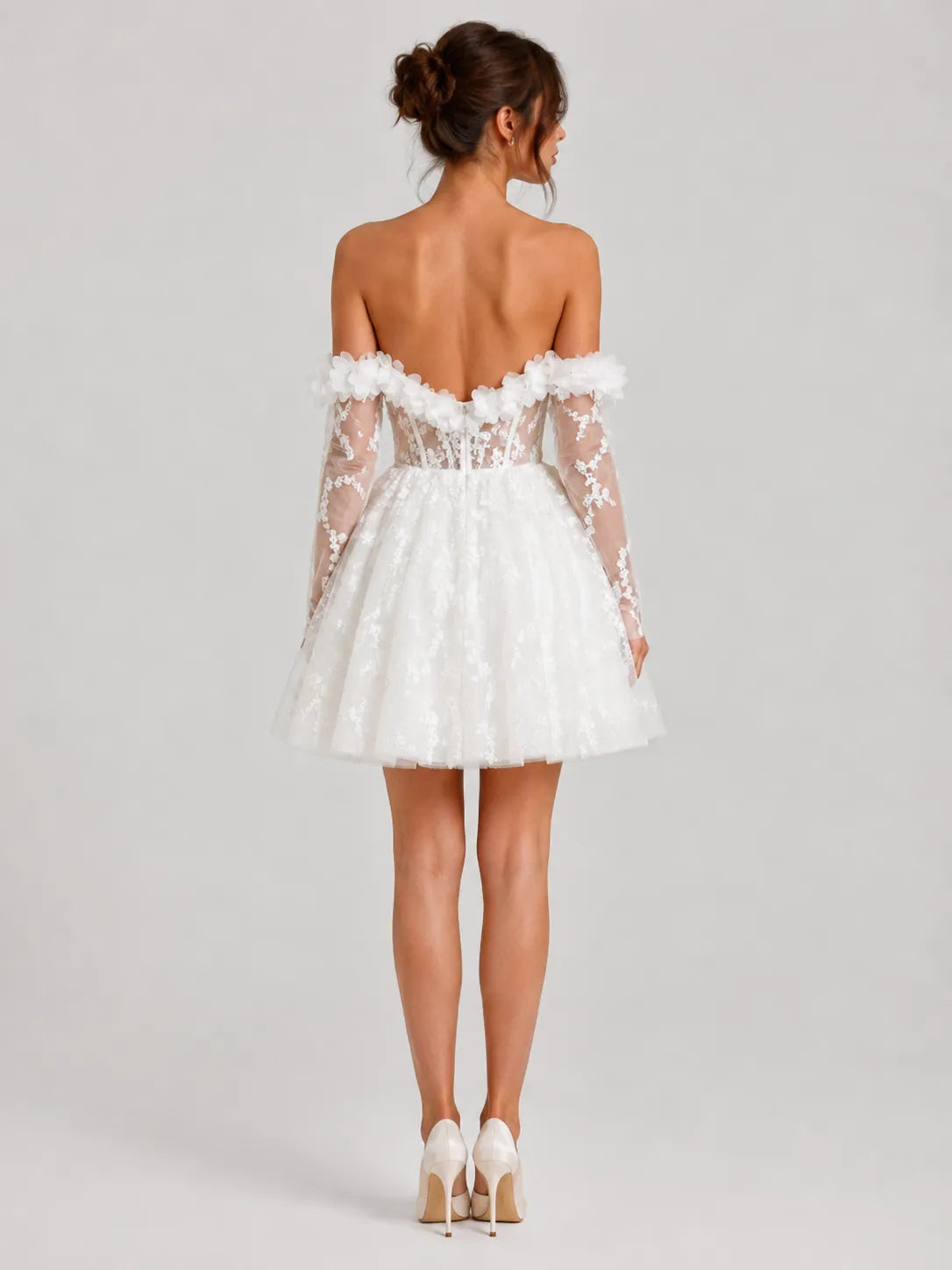 3D Floral Off-Shoulder Lace Mini Wedding Dress with Sheer Long Sleeves