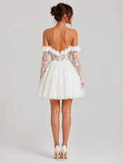 3D Floral Off-Shoulder Lace Mini Wedding Dress with Sheer Long Sleeves