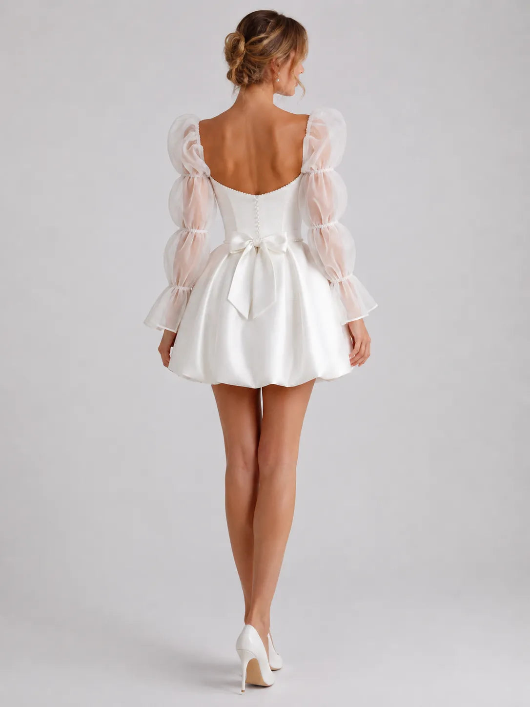 Romantic Sweetheart Short Wedding Dress with Puff Organza Long Sleeves and Back Bow