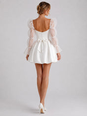 Romantic Sweetheart Short Wedding Dress with Puff Organza Long Sleeves and Back Bow