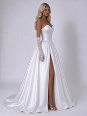 Strapless Corset Satin Ball Gown Wedding Dress with High Slit and Lace Gloves
