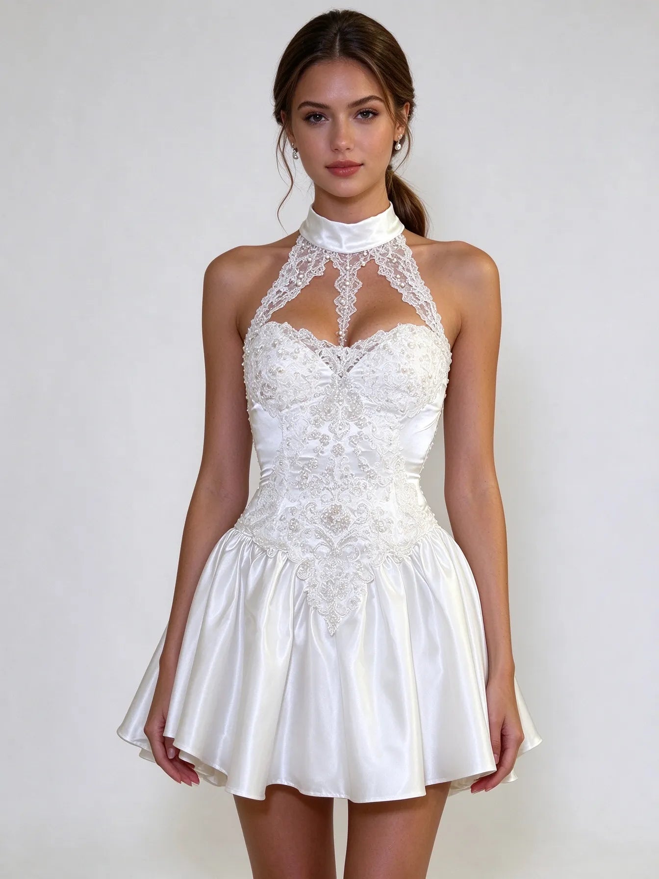 Halter Lace Pearl Corset Satin Mini Dress Wedding Dress