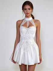 Halter Lace Pearl Corset Satin Mini Dress Wedding Dress