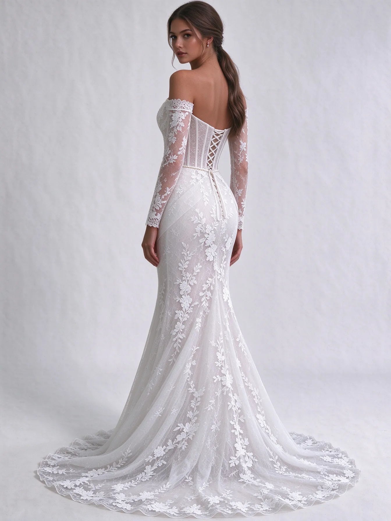 Off-the-Shoulder Long Sleeve Lace Corset Mermaid Bridal Gown