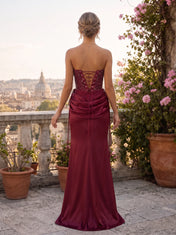 Strapless Beaded Bodice Satin Mermaid Prom Dress with Draped Waist and Corset Back