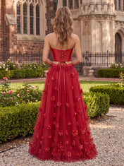 2-Piece Strapless Red 3D Floral Tulle Prom Dress