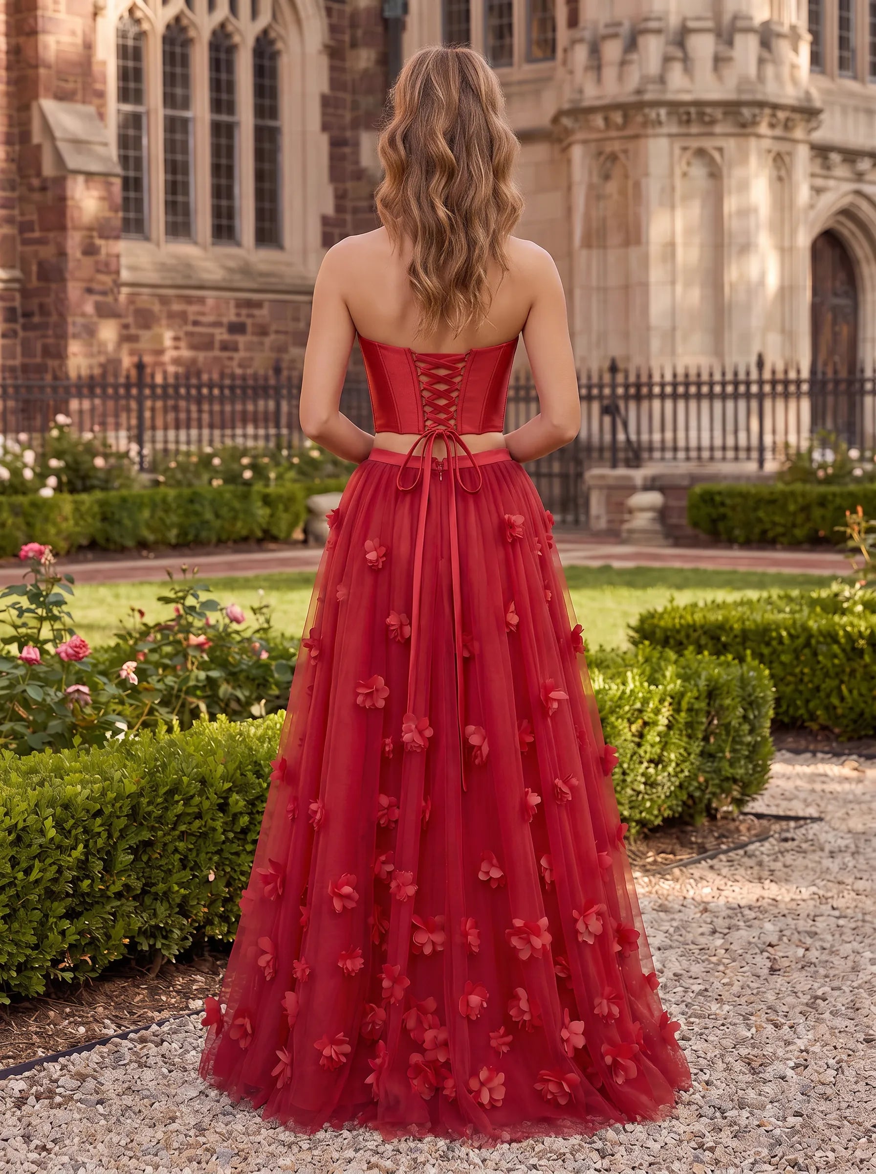 2-Piece Strapless Red 3D Floral Tulle Prom Dress