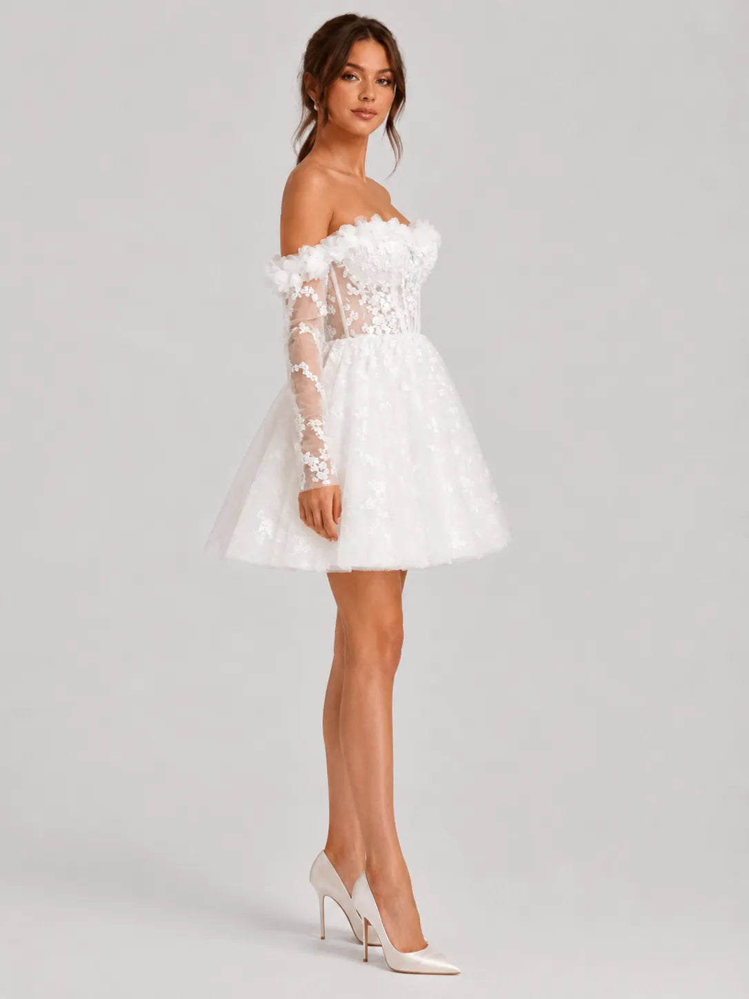 3D Floral Off-Shoulder Lace Mini Wedding Dress with Sheer Long Sleeves