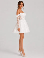 3D Floral Off-Shoulder Lace Mini Wedding Dress with Sheer Long Sleeves