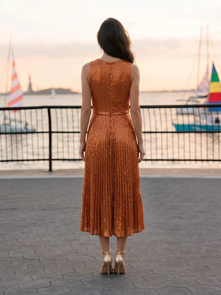 Copper Sequin Sleeveless Pleated Midi Evening Dress