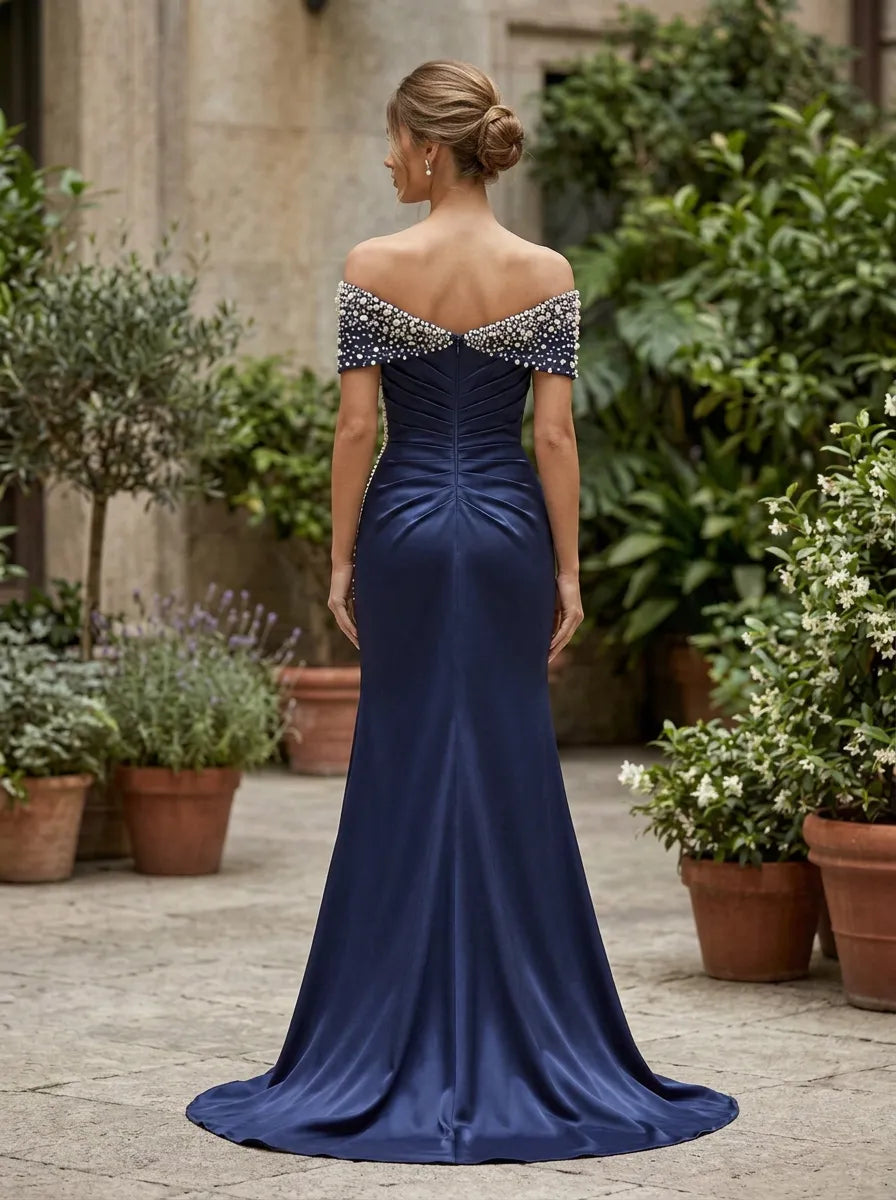 Off-the-Shoulder Beaded Satin Mermaid Prom Dress with High Front Slit
