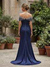 Off-the-Shoulder Beaded Satin Mermaid Prom Dress with High Front Slit