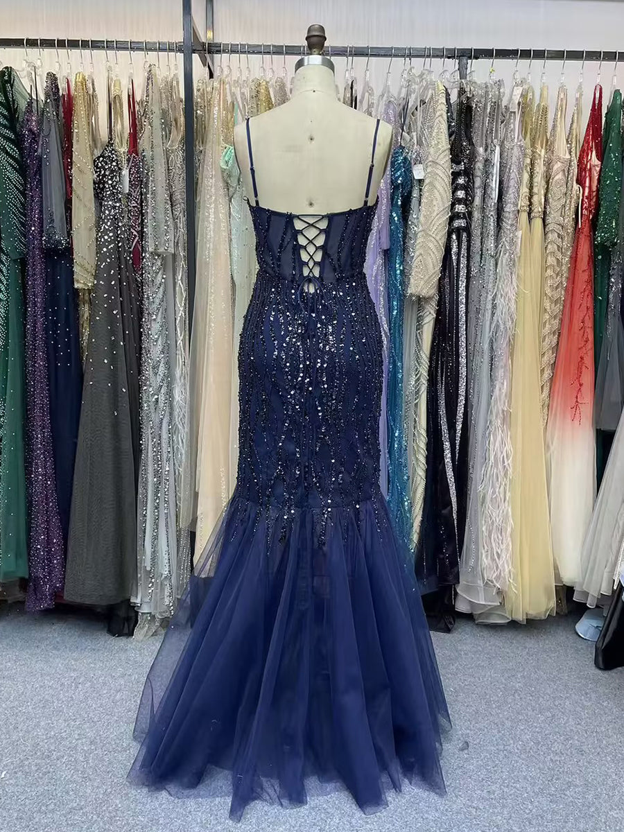 Glamorous Navy Blue V-Neck Beaded Mermaid Prom Dress
