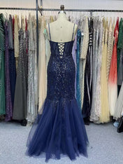 Glamorous Navy Blue V-Neck Beaded Mermaid Prom Dress