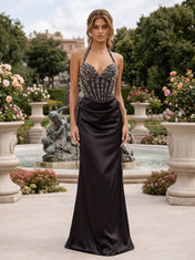 Halter Beaded Bodice Satin Mermaid Prom Dress with Draped Waist and Corset Back