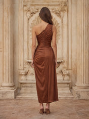 One-Shoulder Ruched Satin Evening Dress Formal Gown with Slit