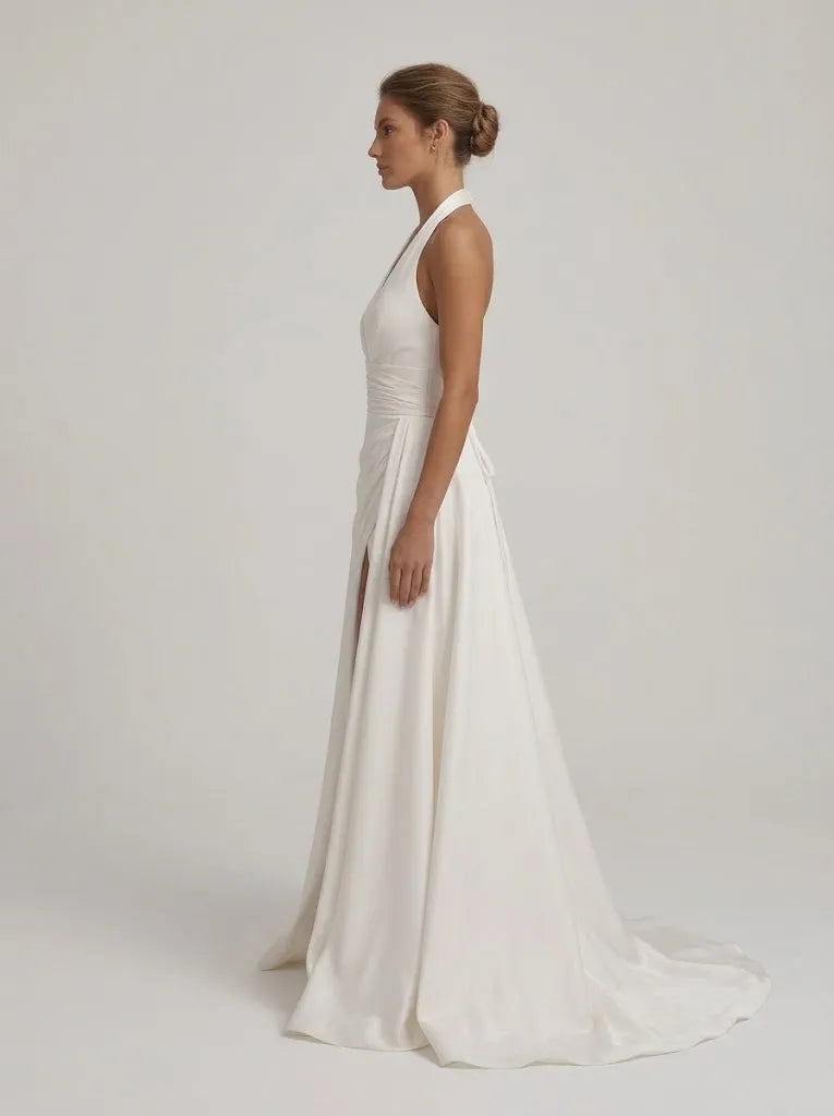 Halter Deep V Satin Wedding Dress With High Slit